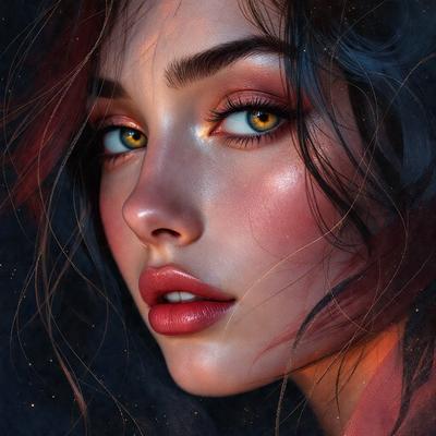 The primary subject of the image is a woman with red hair, wearing red lipstick and a red lipstick smudge on her face. She has a blue eye and a yellow eye, giving her a unique and striking appearance. The setting is a dark background, which accentuates the woman's features and adds a dramatic touch to the image. The visual style is a digital art or illustration, showcasing the woman's beauty and the artist's skill in capturing her features. The colors